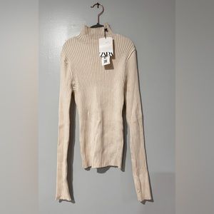 Zara women’s long sleeve beige ribbed turtleneck; brand new, never worn, tags on